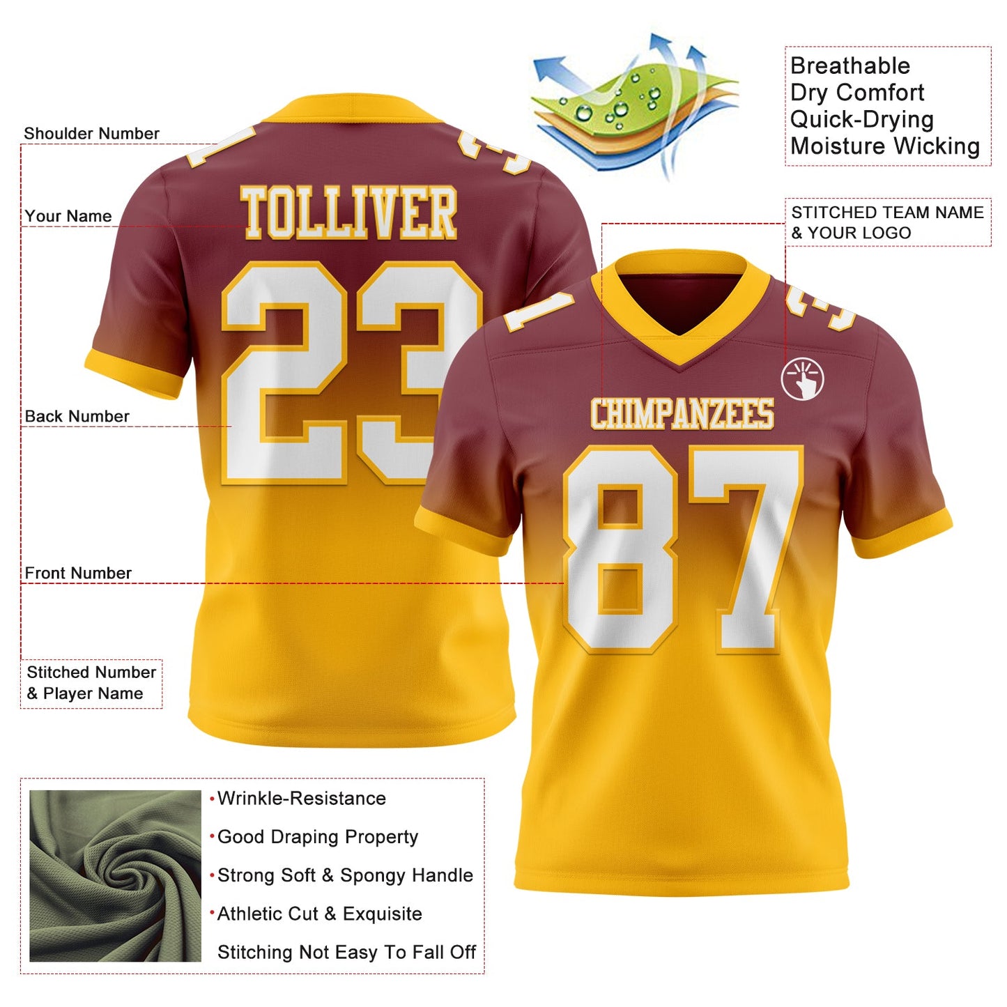 Custom Burgundy White-Gold Authentic Fade Fashion Football Jersey view 2