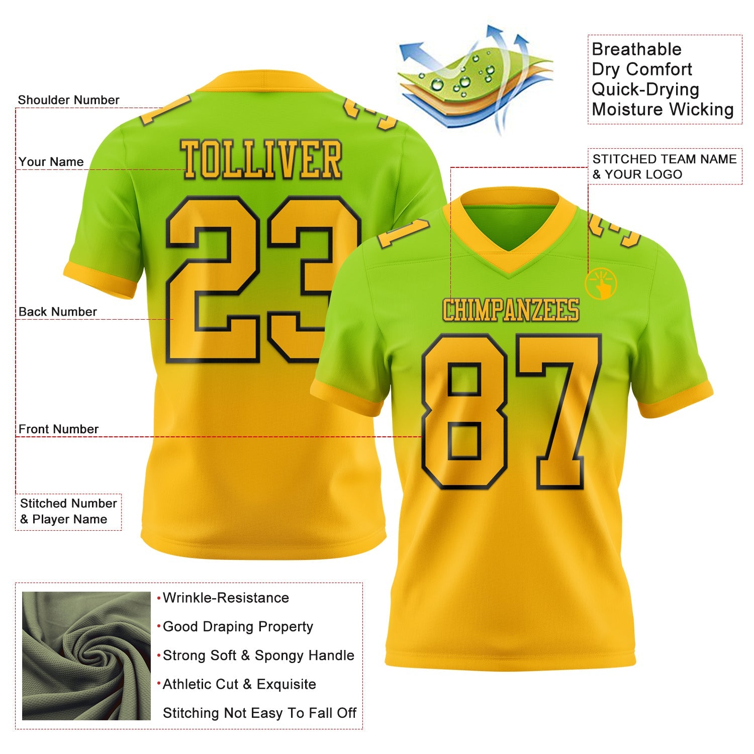 Custom Neon Green Gold-Black Authentic Fade Fashion Football Jersey view 2