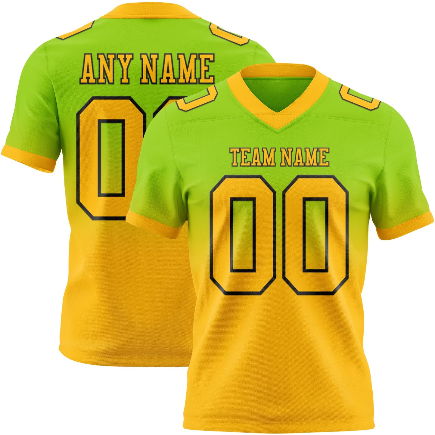 Custom Neon Green Gold-Black Authentic Fade Fashion Football Jersey - Main View