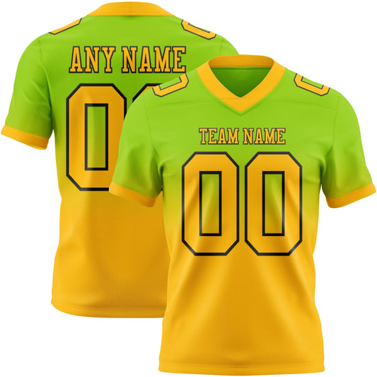 Custom Neon Green Gold-Black Authentic Fade Fashion Football Jersey - Main View