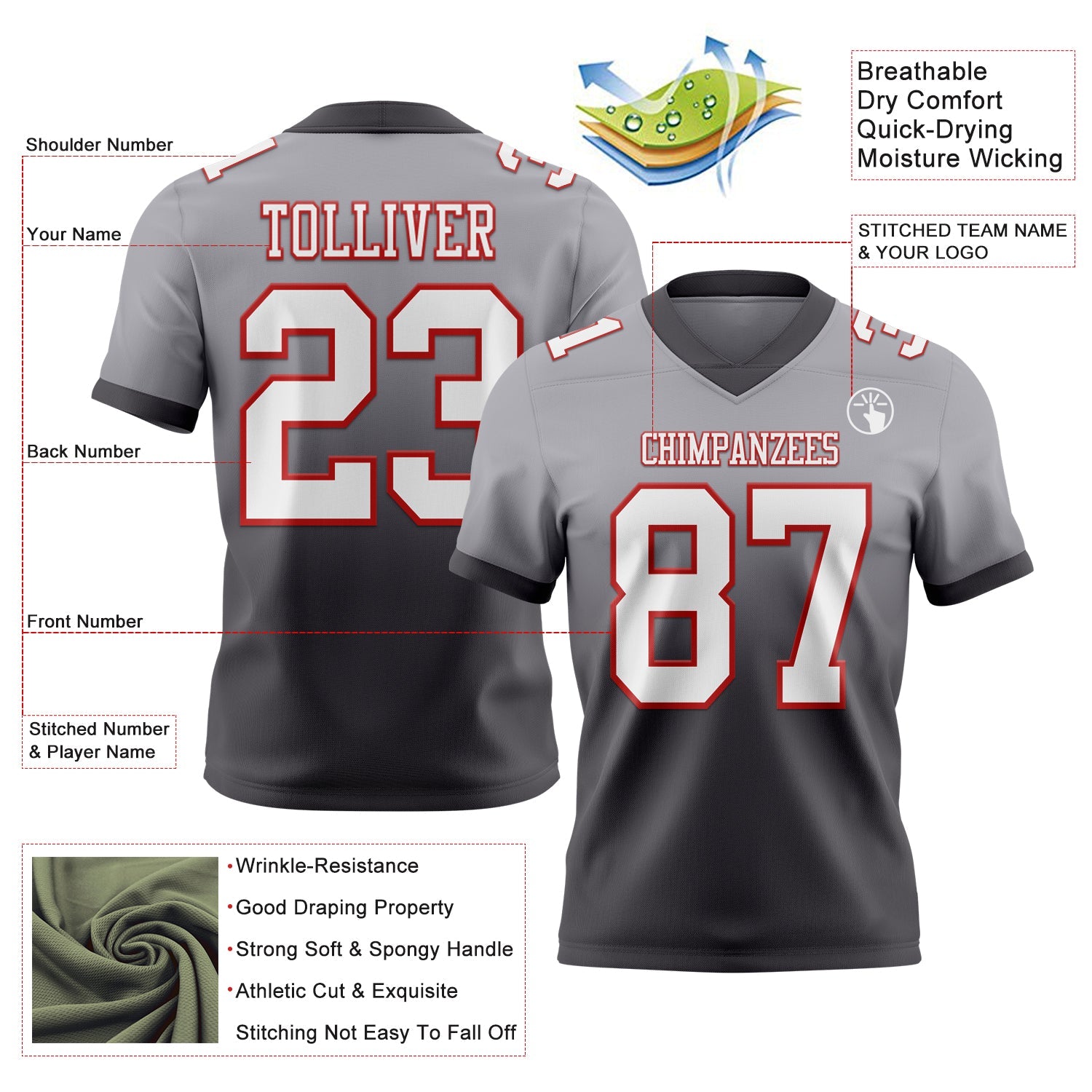 Custom Gray White Steel Gray-Red Authentic Fade Fashion Football Jersey view 2