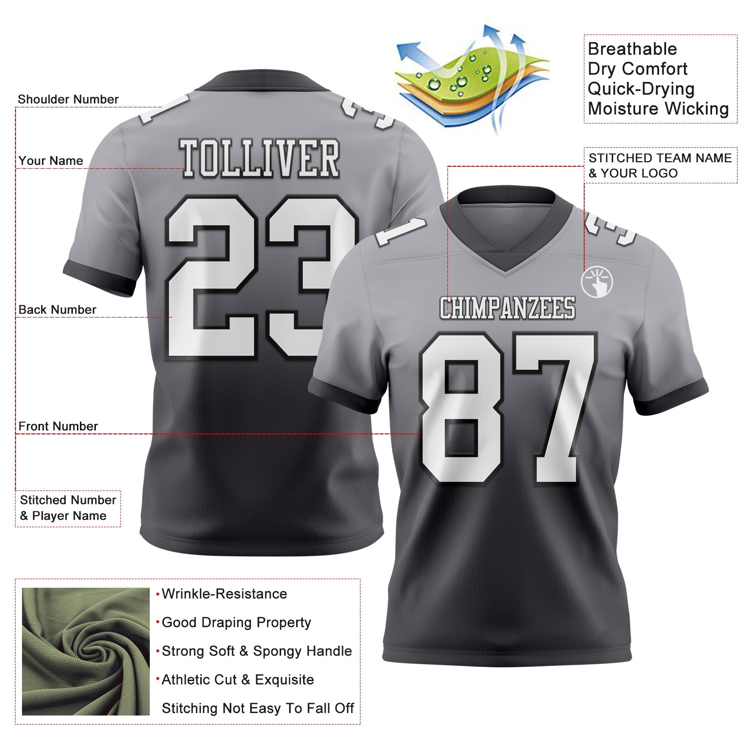 Custom Gray White Steel Gray-Black Authentic Fade Fashion Football Jersey view 2