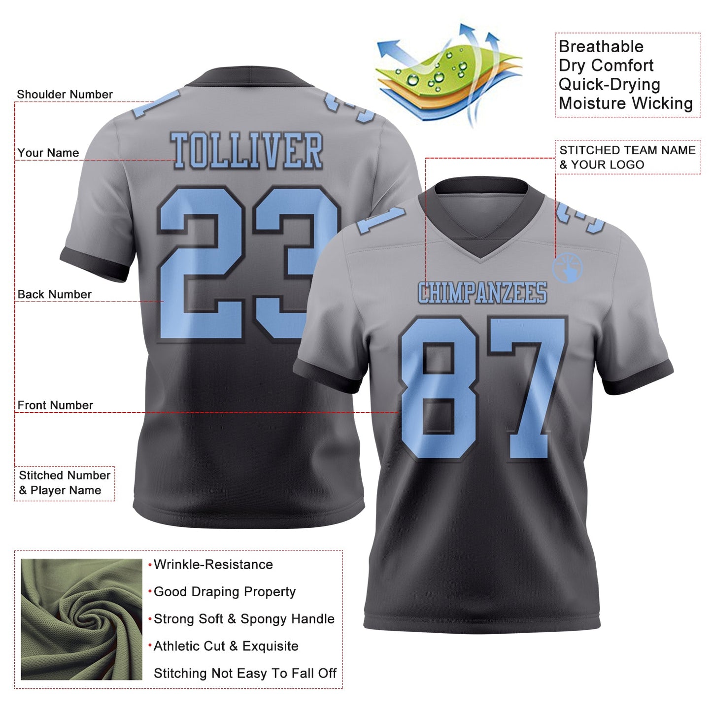 Custom Gray Light Blue-Steel Gray Authentic Fade Fashion Football Jersey view 2
