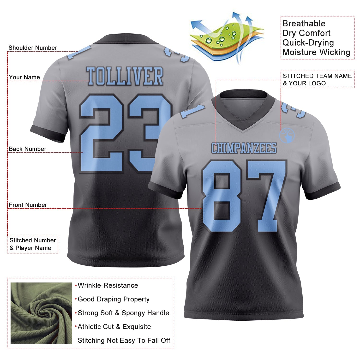 Custom Gray Light Blue-Steel Gray Authentic Fade Fashion Football Jersey view 2