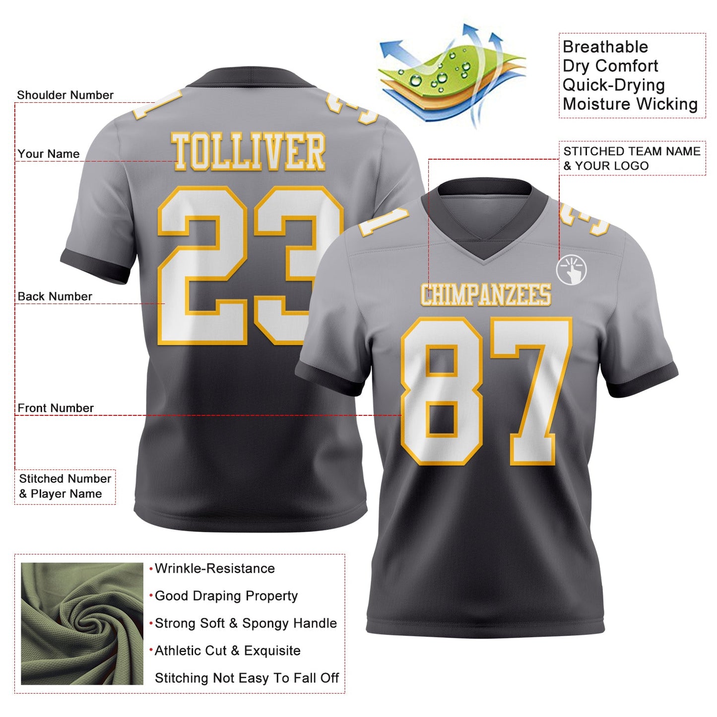 Custom Gray White Steel Gray-Gold Authentic Fade Fashion Football Jersey view 2