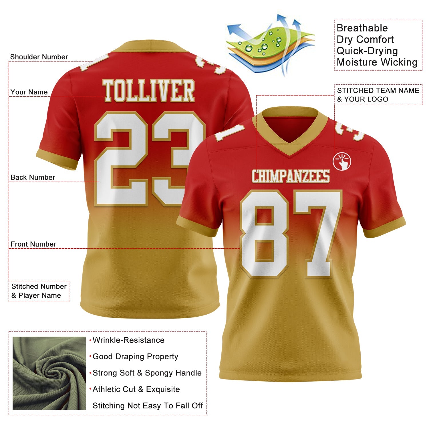 Custom Red White-Old Gold Authentic Fade Fashion Football Jersey view 2