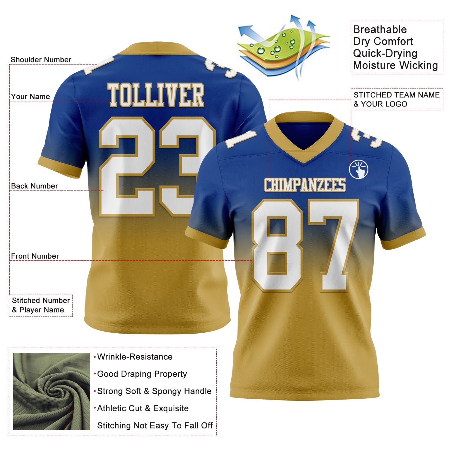 Custom Royal White-Old Gold Authentic Fade Fashion Football Jersey view 2