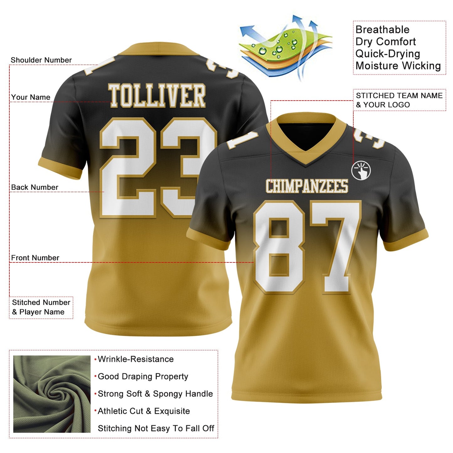 Custom Black White-Old Gold Authentic Fade Fashion Football Jersey view 2