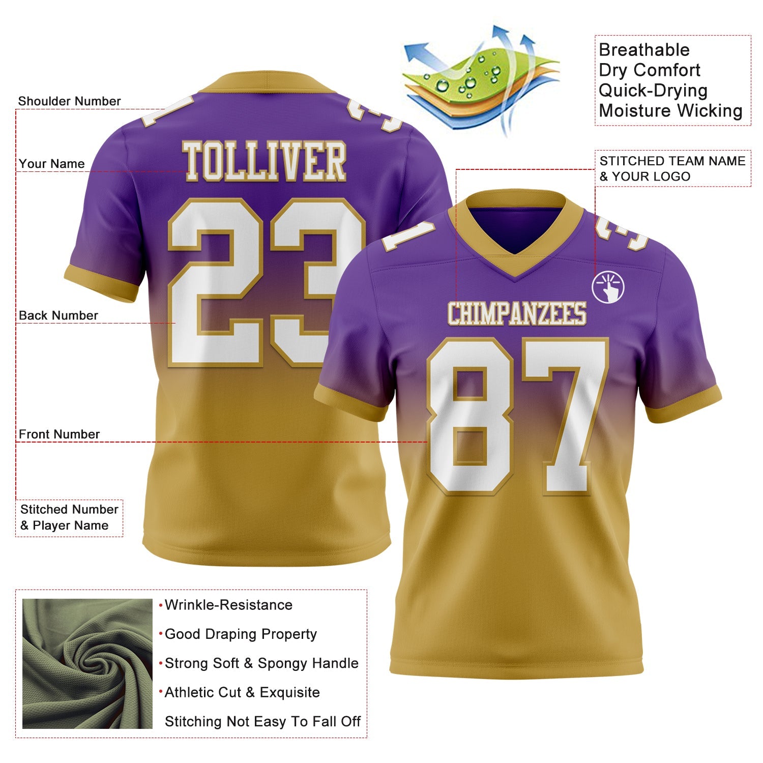 Custom Purple White-Old Gold Authentic Fade Fashion Football Jersey view 2