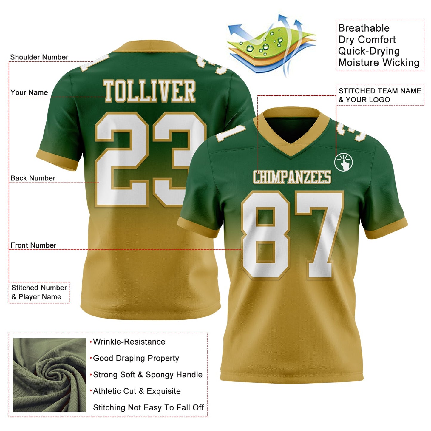 Custom Green White-Old Gold Authentic Fade Fashion Football Jersey view 2