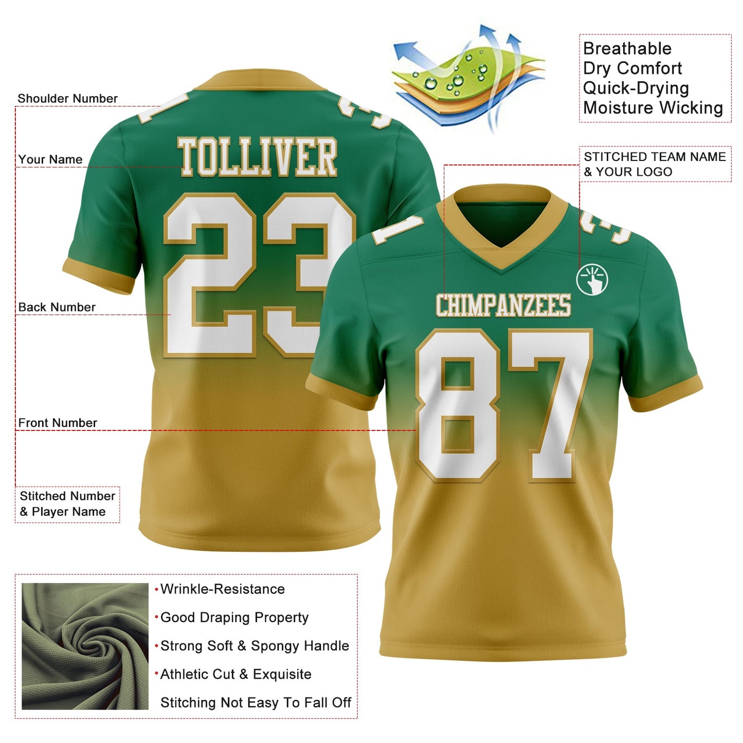 Custom Kelly Green White-Old Gold Authentic Fade Fashion Football Jersey view 2