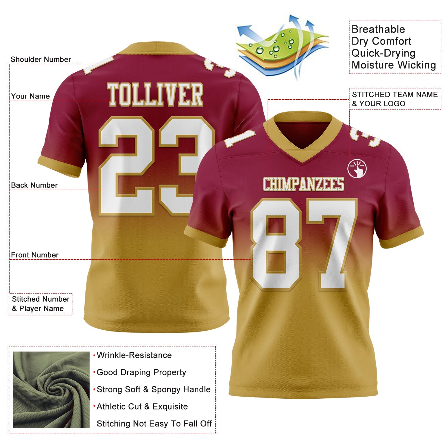 Custom Maroon White-Old Gold Authentic Fade Fashion Football Jersey view 2