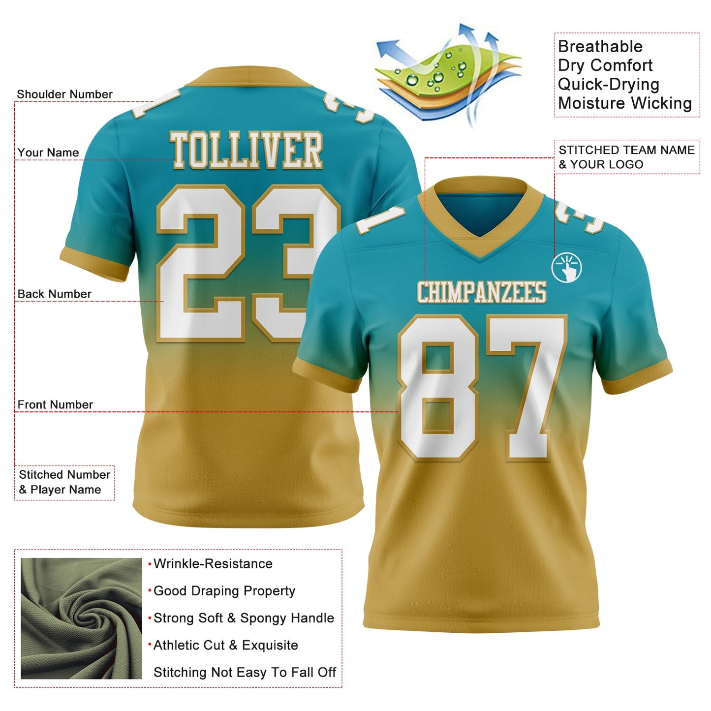 Custom Teal White-Old Gold Authentic Fade Fashion Football Jersey view 2