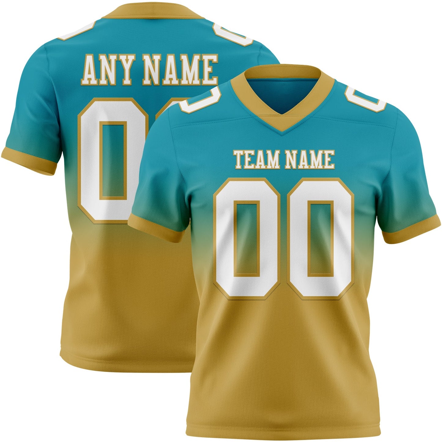 Custom Teal White-Old Gold Authentic Fade Fashion Football Jersey - Main View