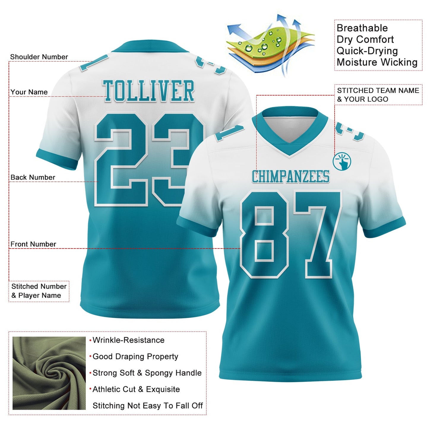 Custom White Teal Authentic Fade Fashion Football Jersey view 2