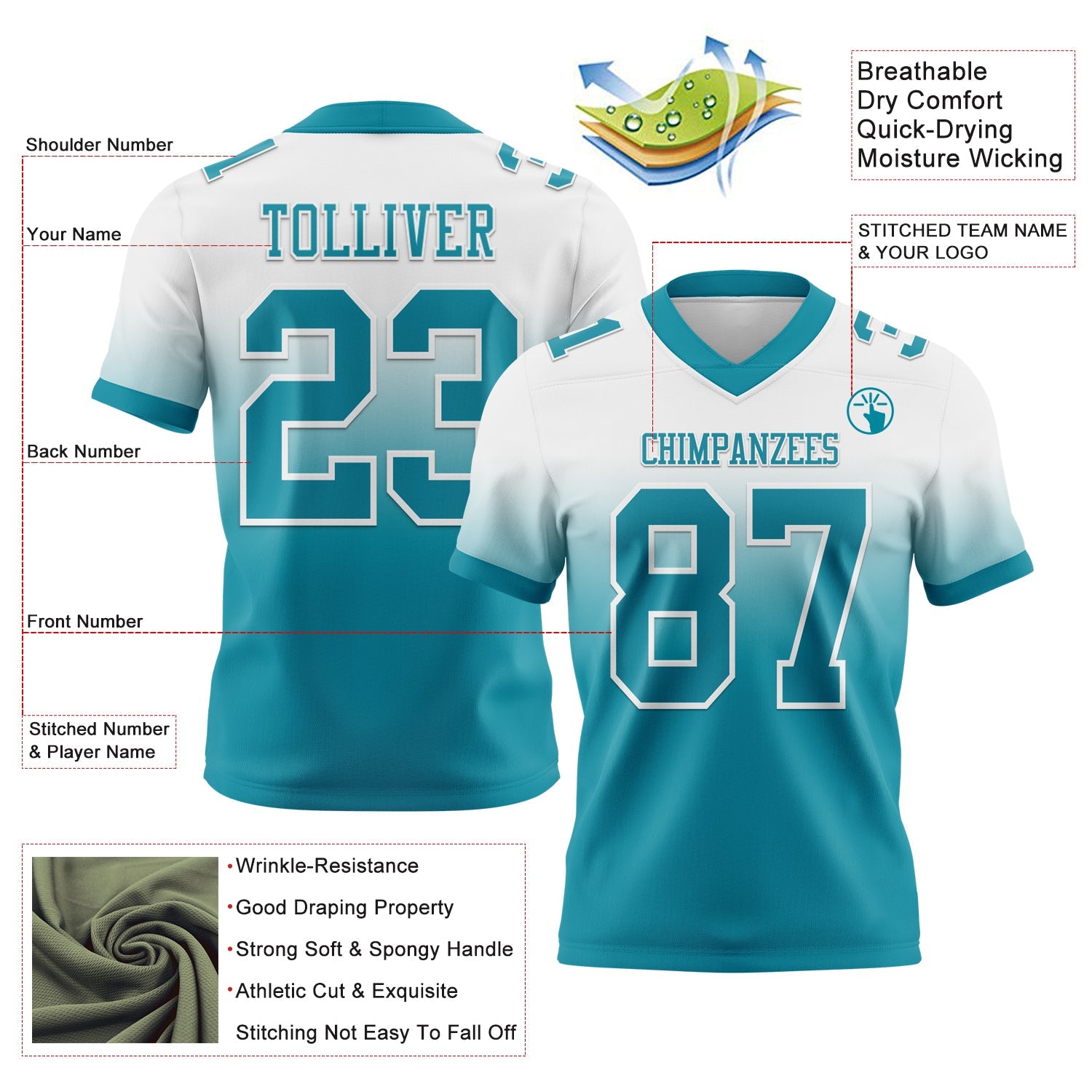 Custom White Teal Authentic Fade Fashion Football Jersey view 2