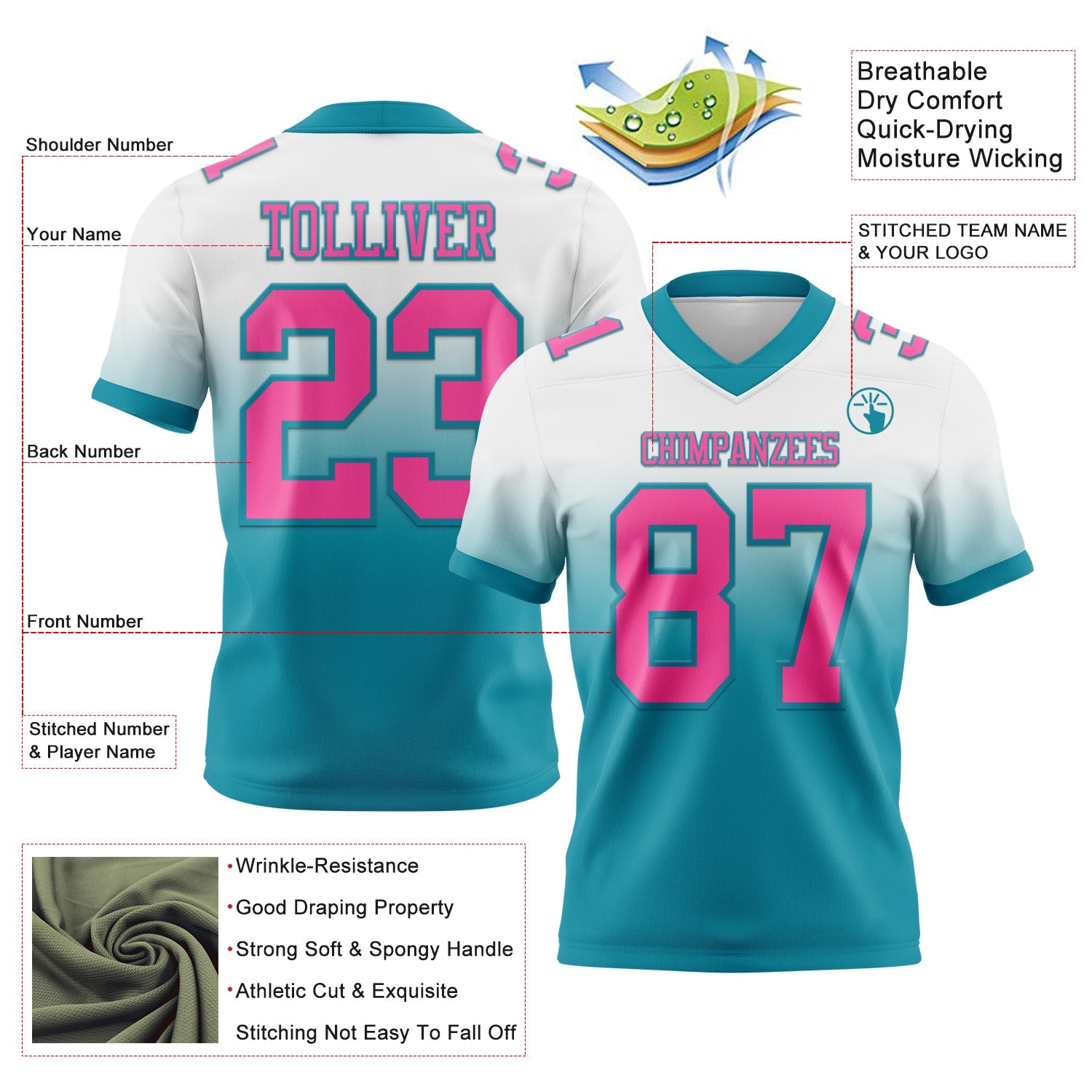 Custom White Pink-Teal Authentic Fade Fashion Football Jersey view 2