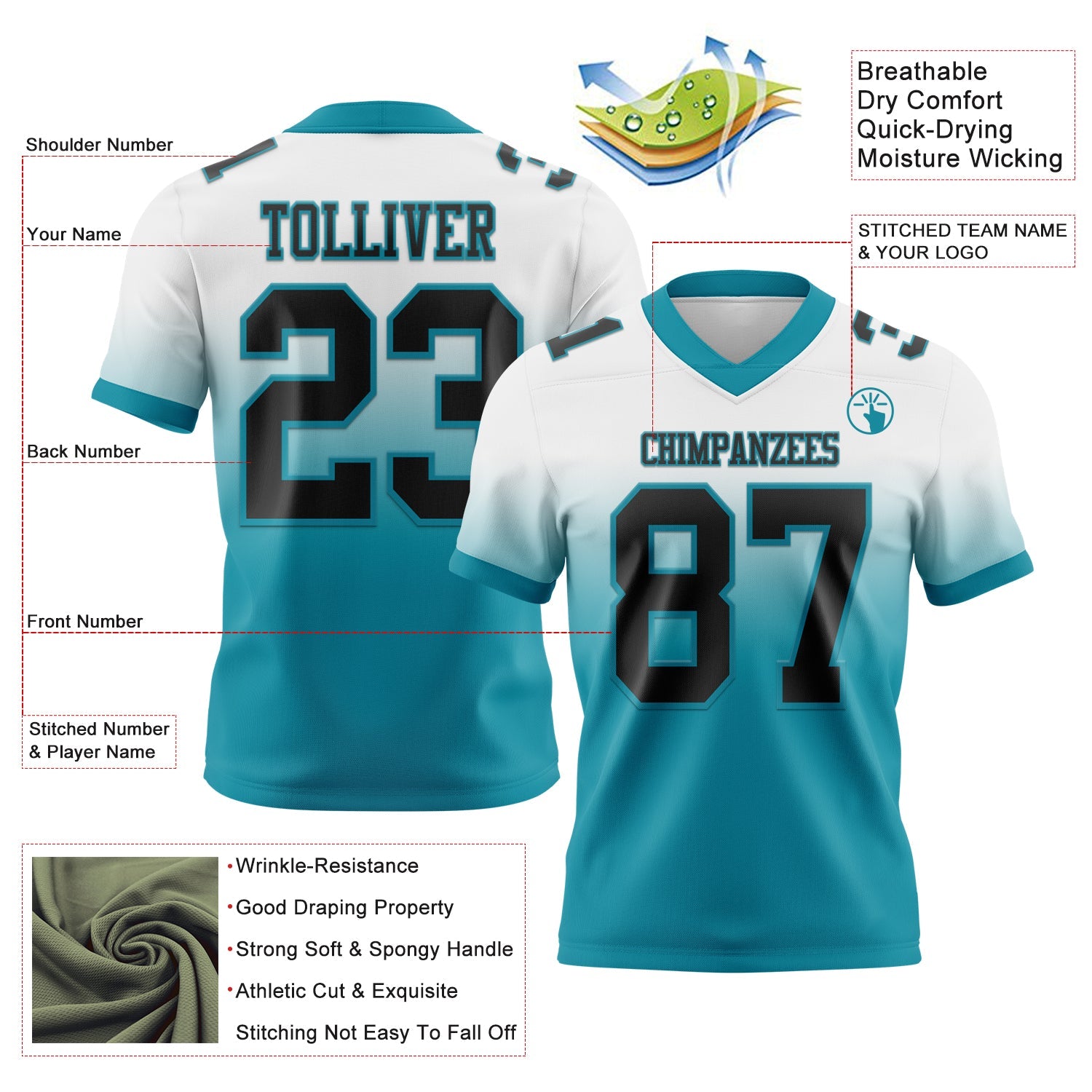 Custom White Black-Teal Authentic Fade Fashion Football Jersey view 2