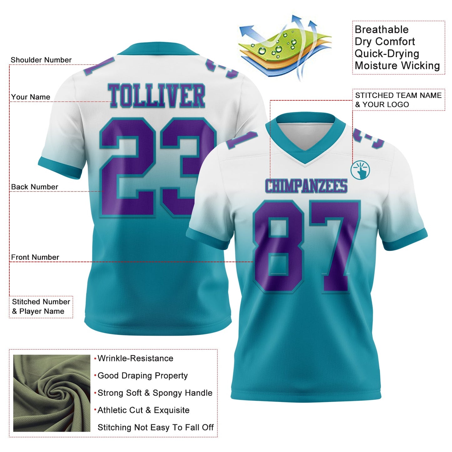 Custom White Purple-Teal Authentic Fade Fashion Football Jersey view 2