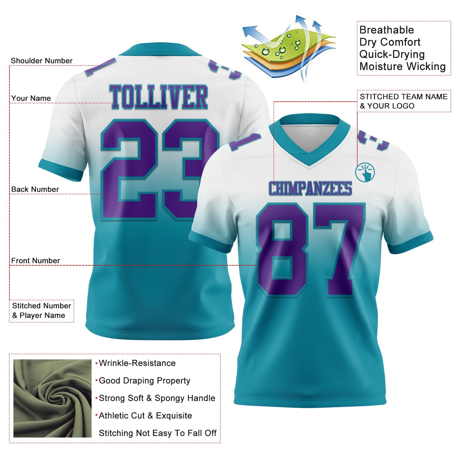 Custom White Purple-Teal Authentic Fade Fashion Football Jersey view 2
