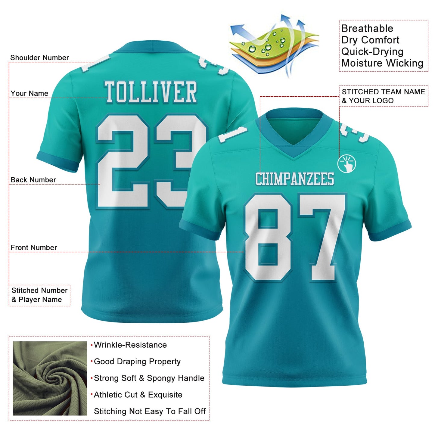 Custom Aqua White-Teal Authentic Fade Fashion Football Jersey view 2