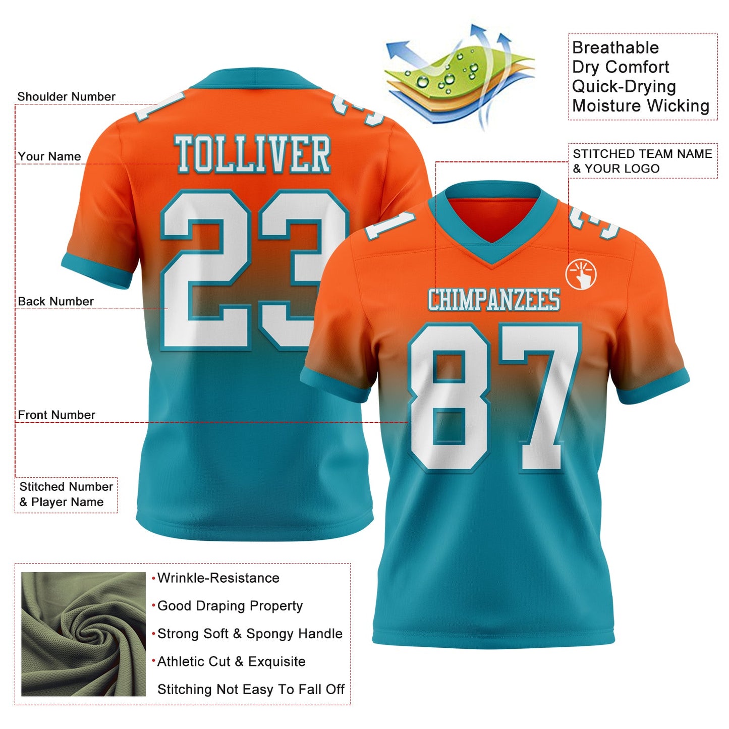 Custom Orange White-Teal Authentic Fade Fashion Football Jersey view 2