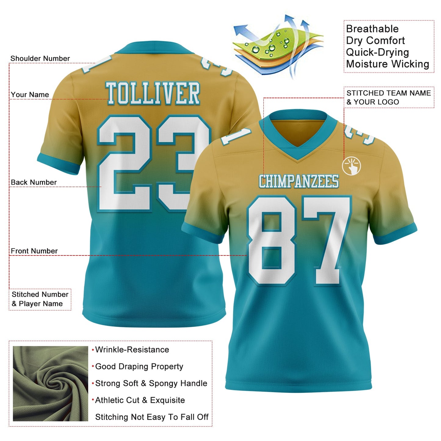 Custom Old Gold White-Teal Authentic Fade Fashion Football Jersey view 2