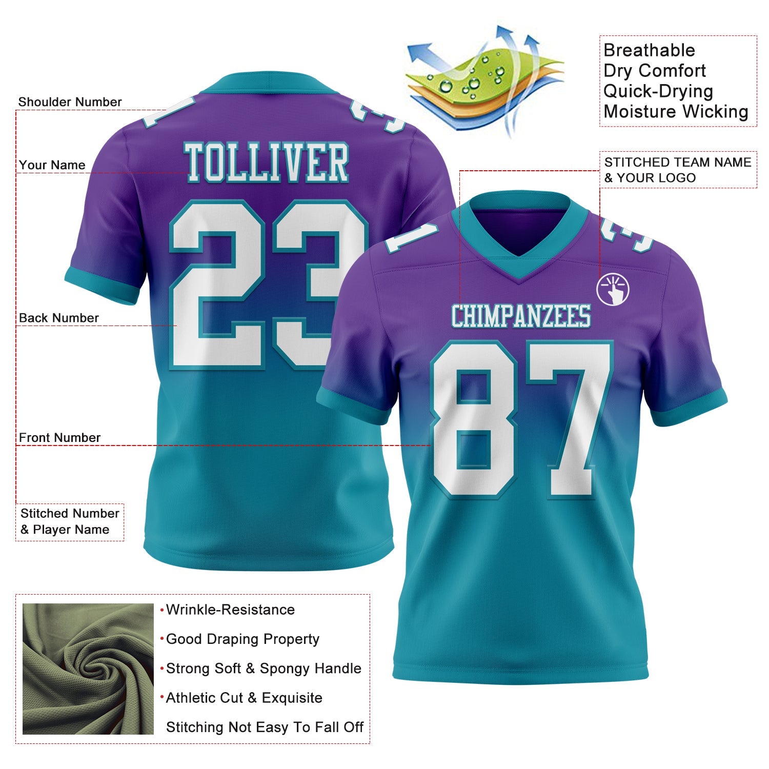 Custom Purple White-Teal Authentic Fade Fashion Football Jersey view 2