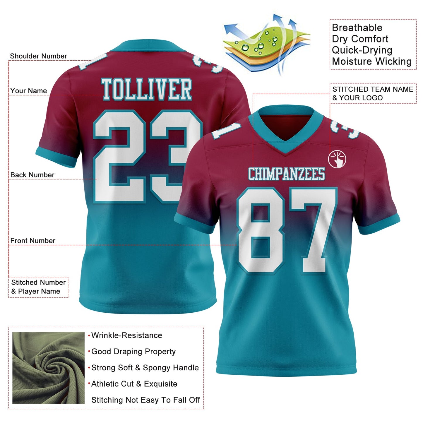 Custom Maroon White-Teal Authentic Fade Fashion Football Jersey view 2