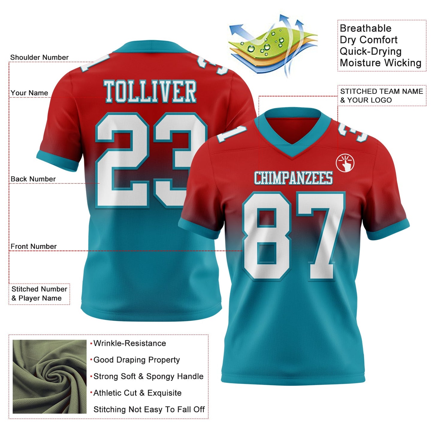 Custom Red White-Teal Authentic Fade Fashion Football Jersey view 2