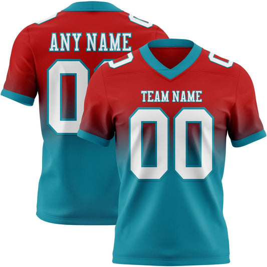 Custom Red White-Teal Authentic Fade Fashion Football Jersey - Main View