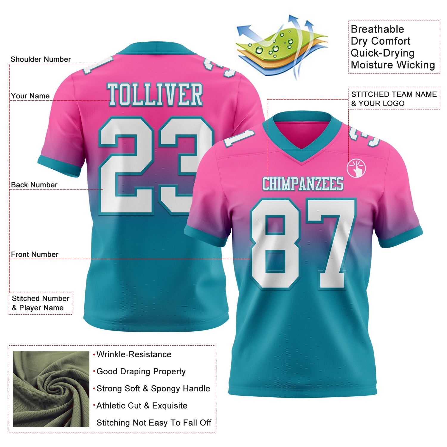 Custom Pink White-Teal Authentic Fade Fashion Football Jersey view 2