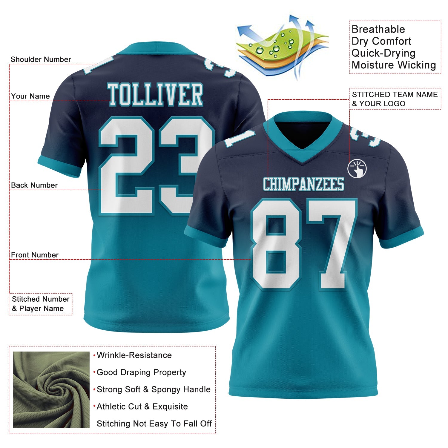 Custom Navy White-Teal Authentic Fade Fashion Football Jersey view 2