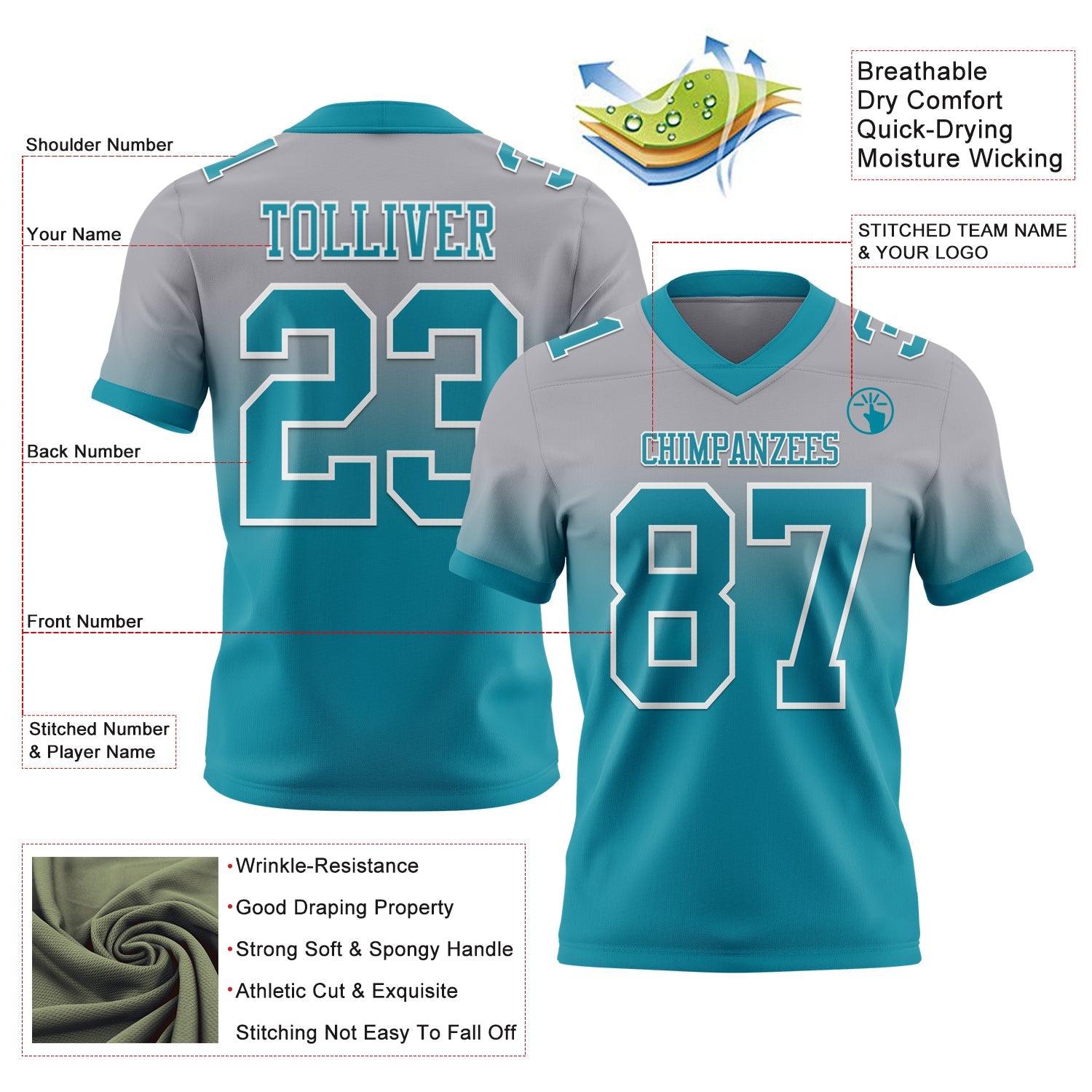 Custom Gray Teal-White Authentic Fade Fashion Football Jersey view 2