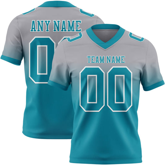 Custom Gray Teal-White Authentic Fade Fashion Football Jersey - Main View