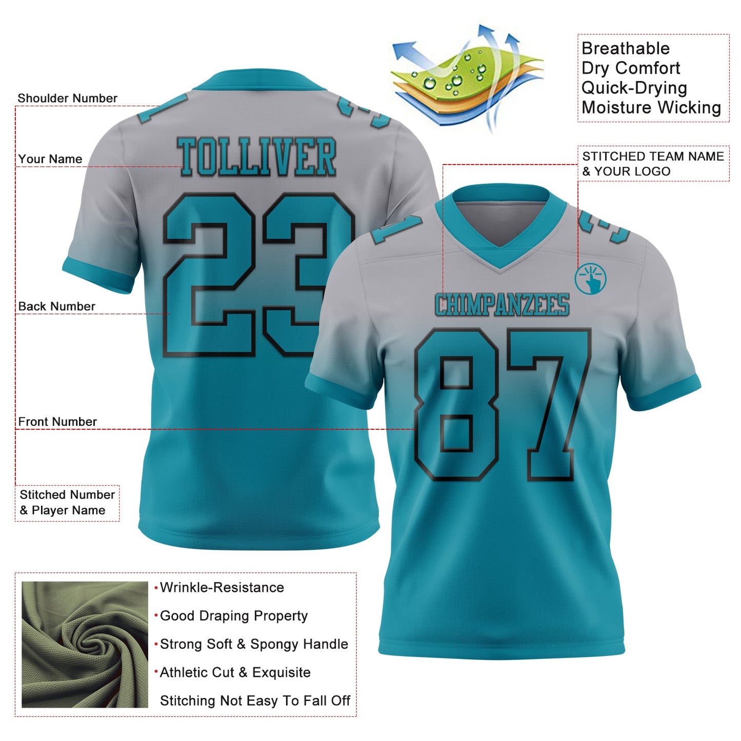 Custom Gray Teal-Black Authentic Fade Fashion Football Jersey view 2