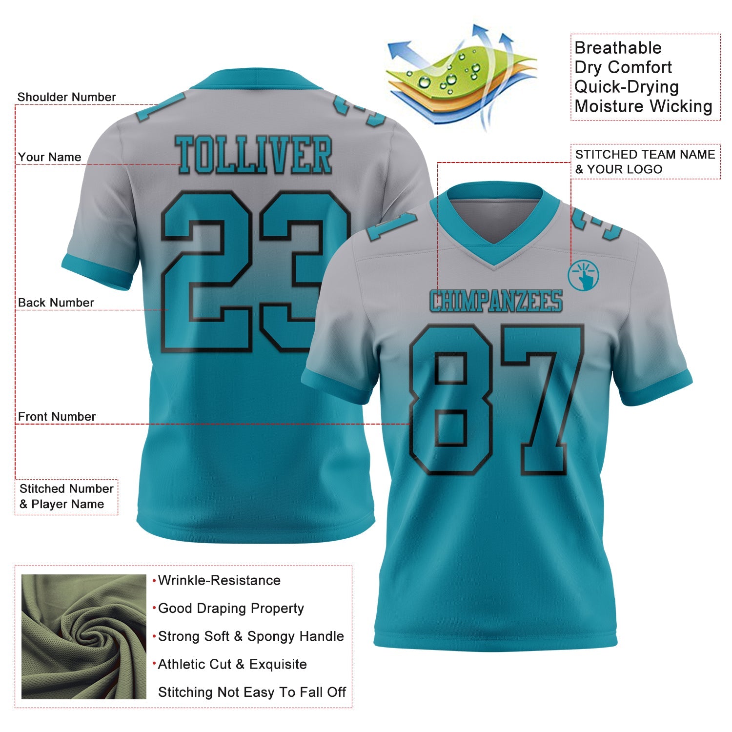 Custom Gray Teal-Black Authentic Fade Fashion Football Jersey view 2