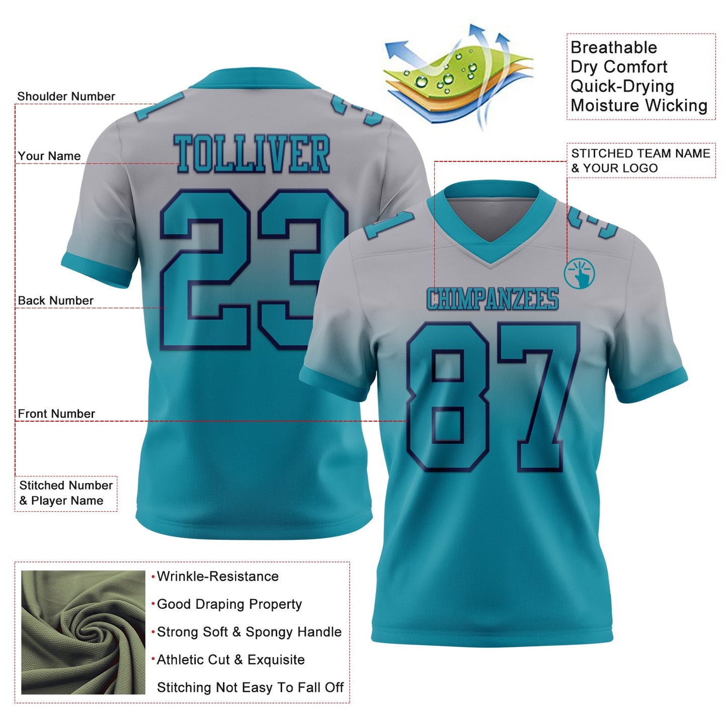 Custom Gray Teal-Navy Authentic Fade Fashion Football Jersey view 2