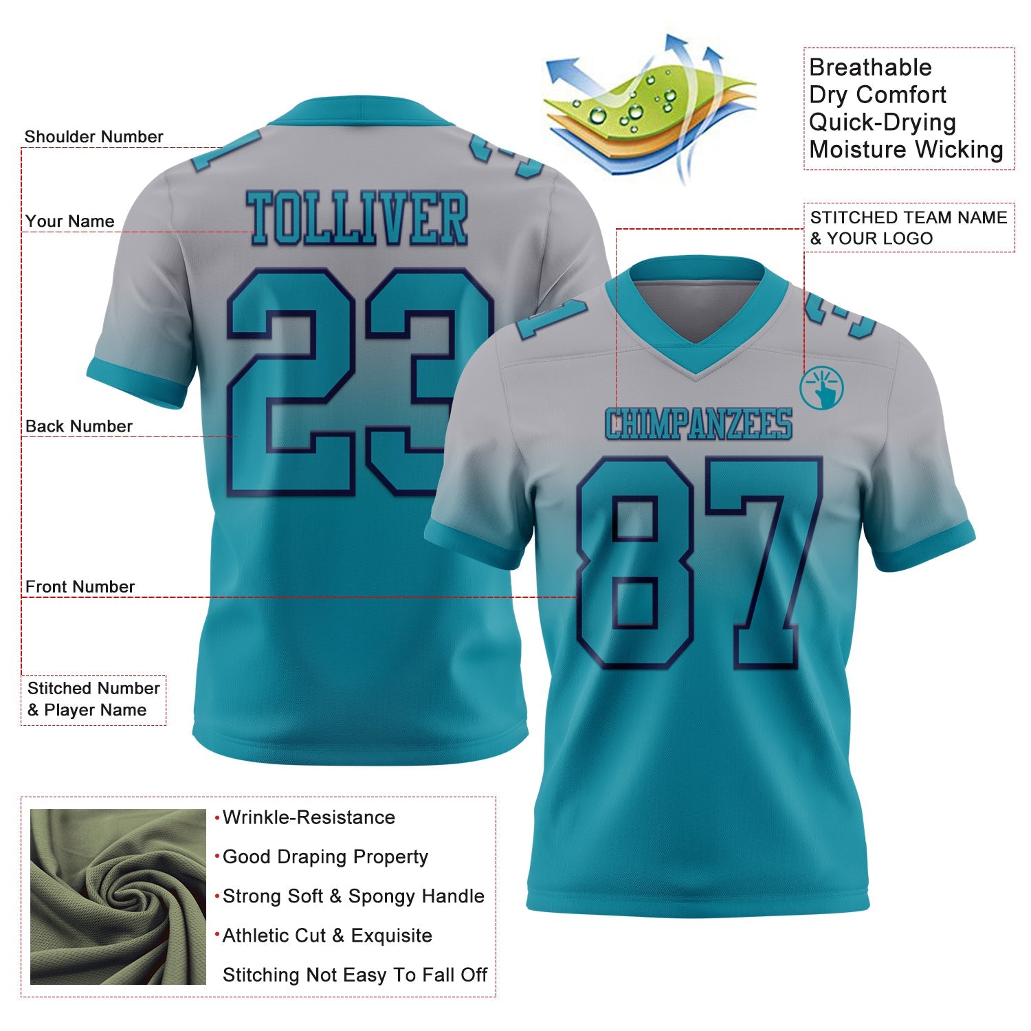 Custom Gray Teal-Navy Authentic Fade Fashion Football Jersey view 2