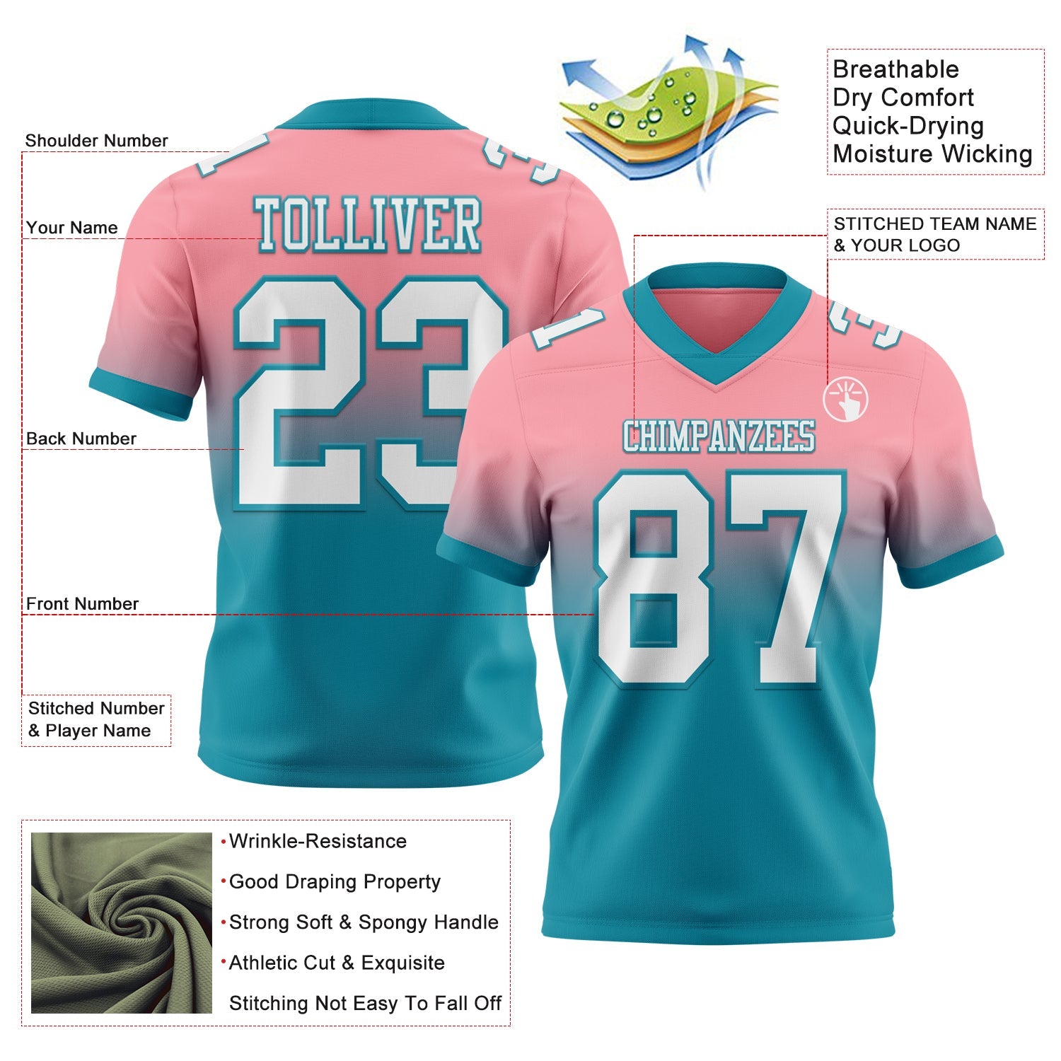 Custom Medium Pink White-Teal Authentic Fade Fashion Football Jersey view 2