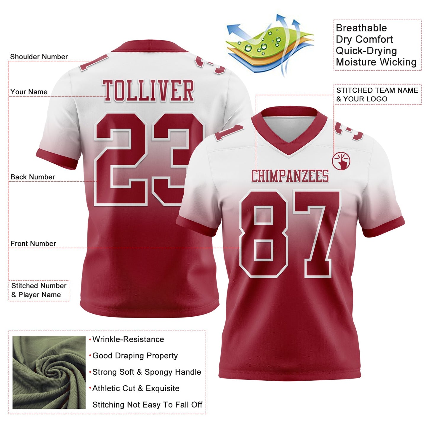 Custom White Cardinal Authentic Fade Fashion Football Jersey view 2
