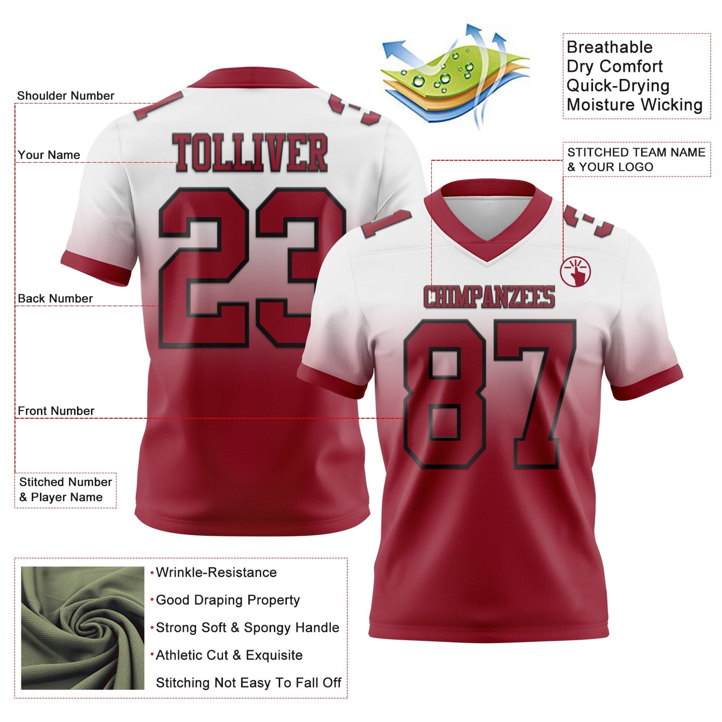 Custom White Cardinal-Black Authentic Fade Fashion Football Jersey view 2