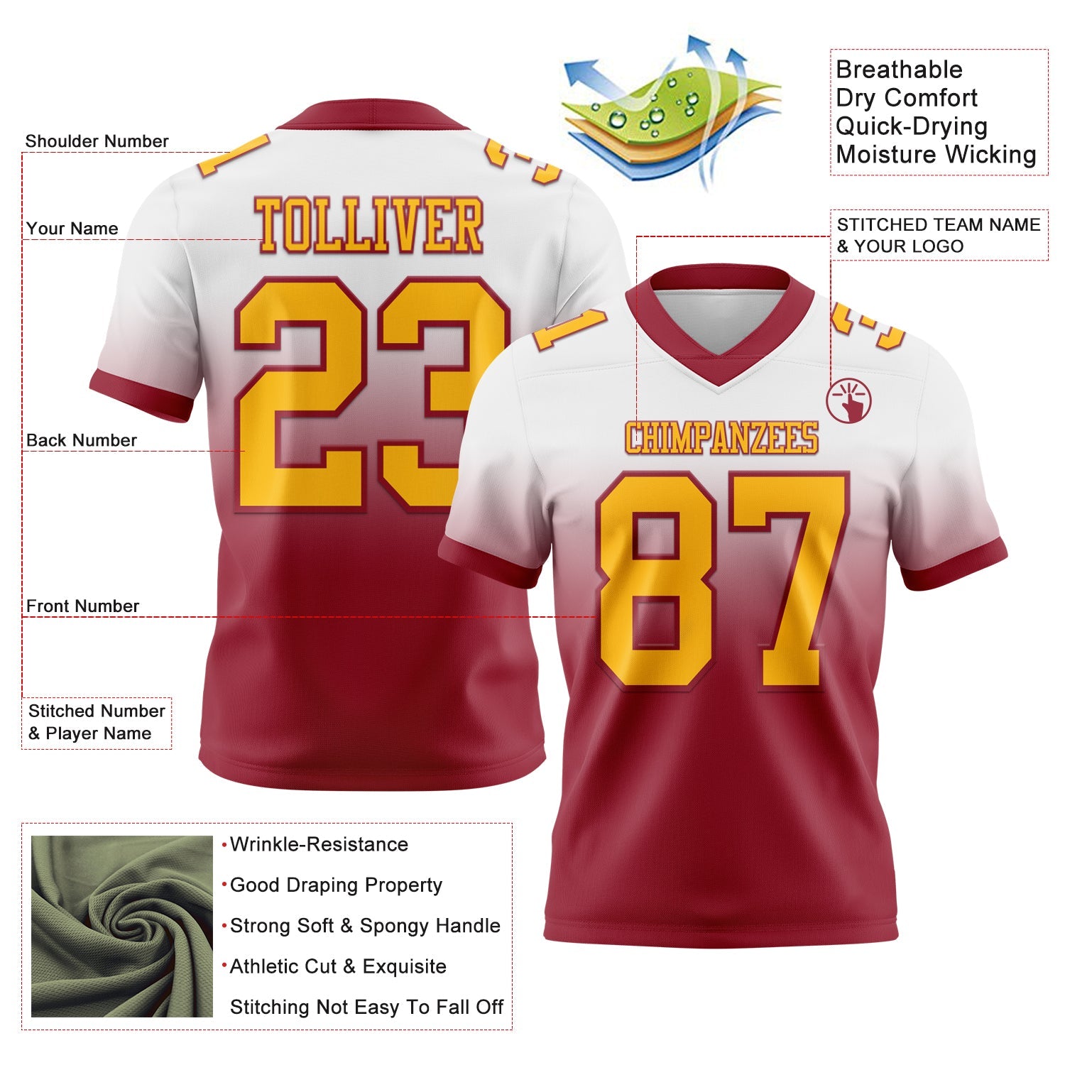 Custom White Gold-Cardinal Authentic Fade Fashion Football Jersey view 2