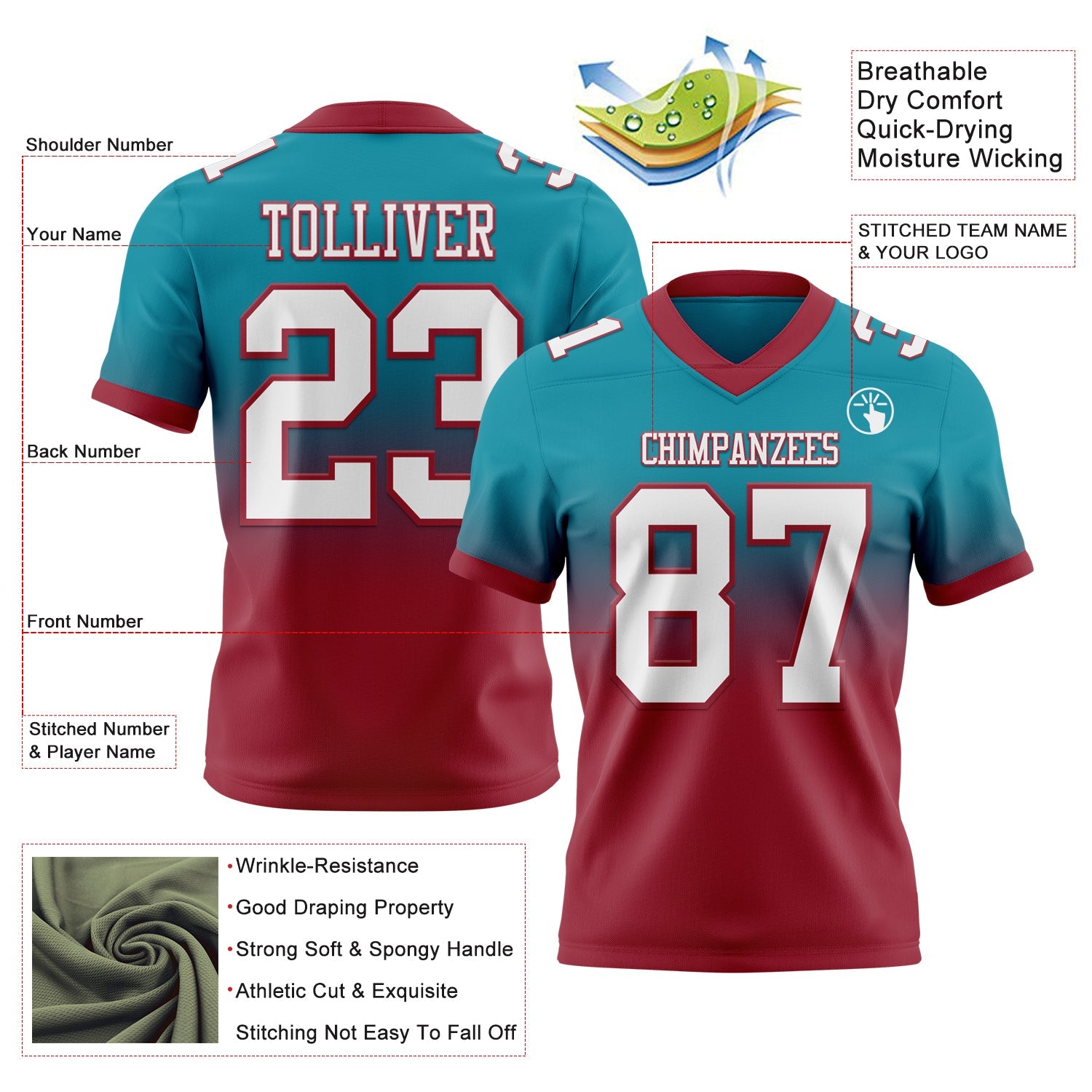 Custom Teal White-Cardinal Authentic Fade Fashion Football Jersey view 2