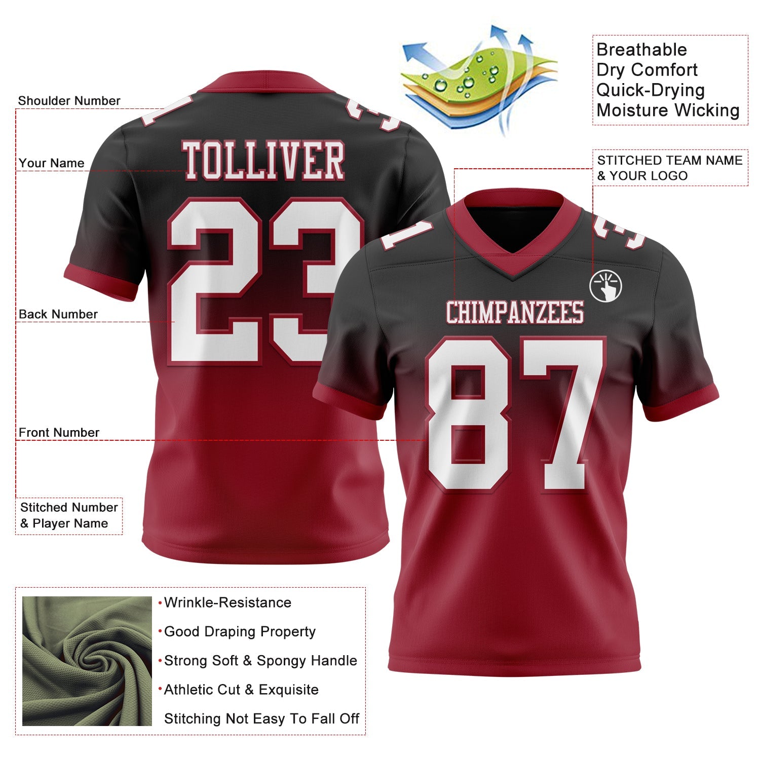 Custom Black White-Cardinal Authentic Fade Fashion Football Jersey view 2