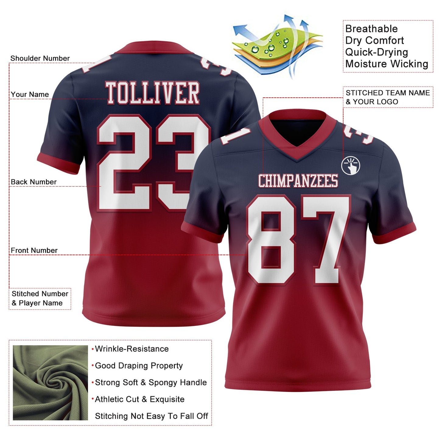 Custom Navy White-Cardinal Authentic Fade Fashion Football Jersey view 2