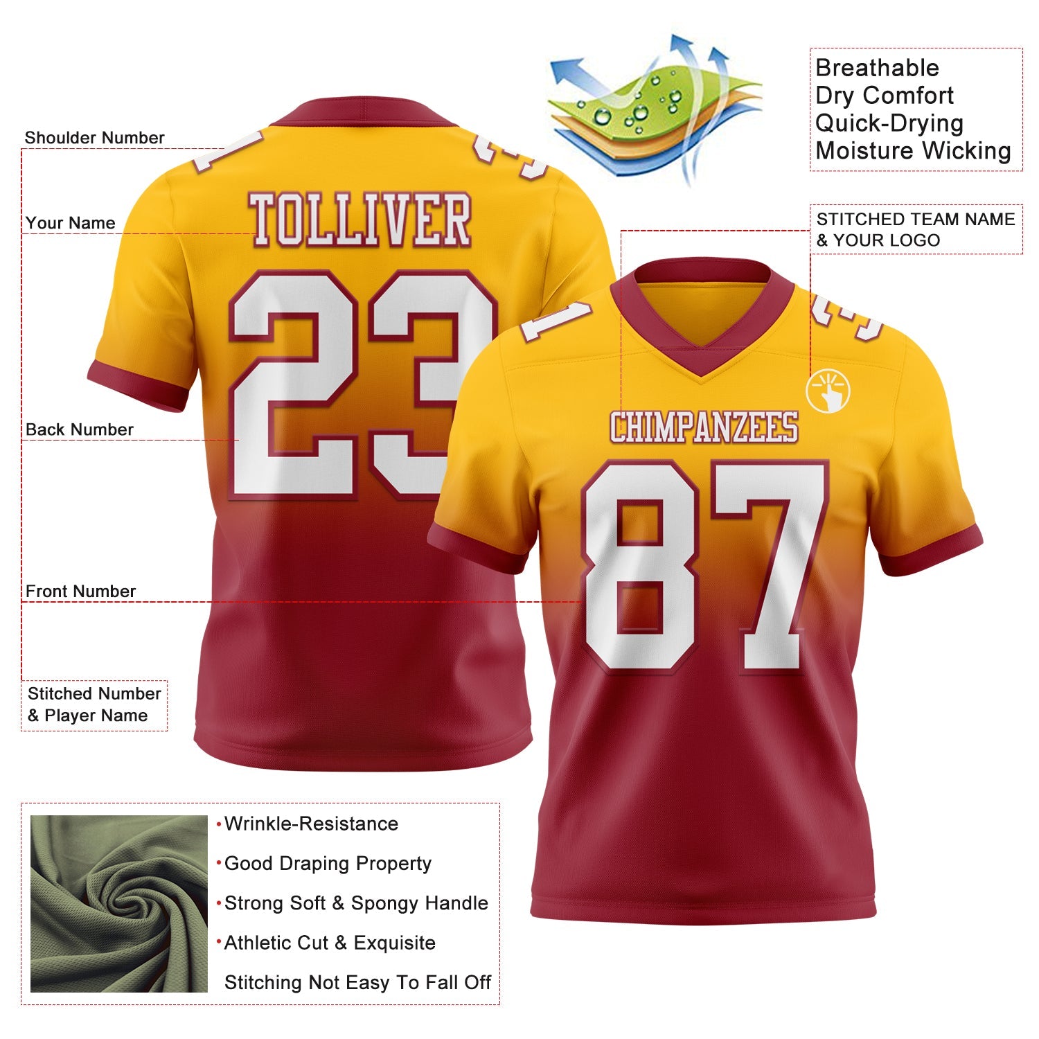 Custom Gold White-Cardinal Authentic Fade Fashion Football Jersey view 2
