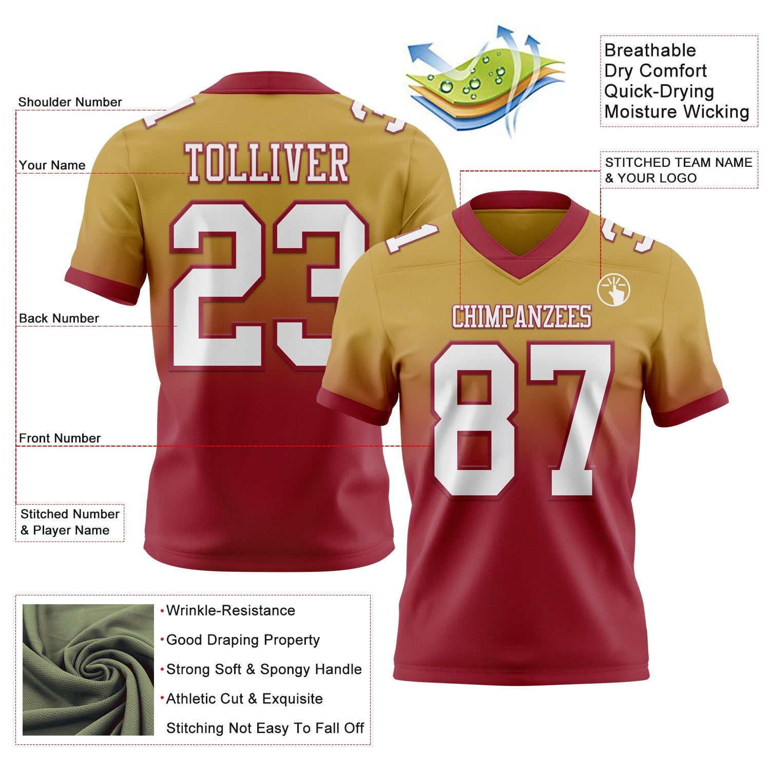 Custom Old Gold White-Cardinal Authentic Fade Fashion Football Jersey view 2