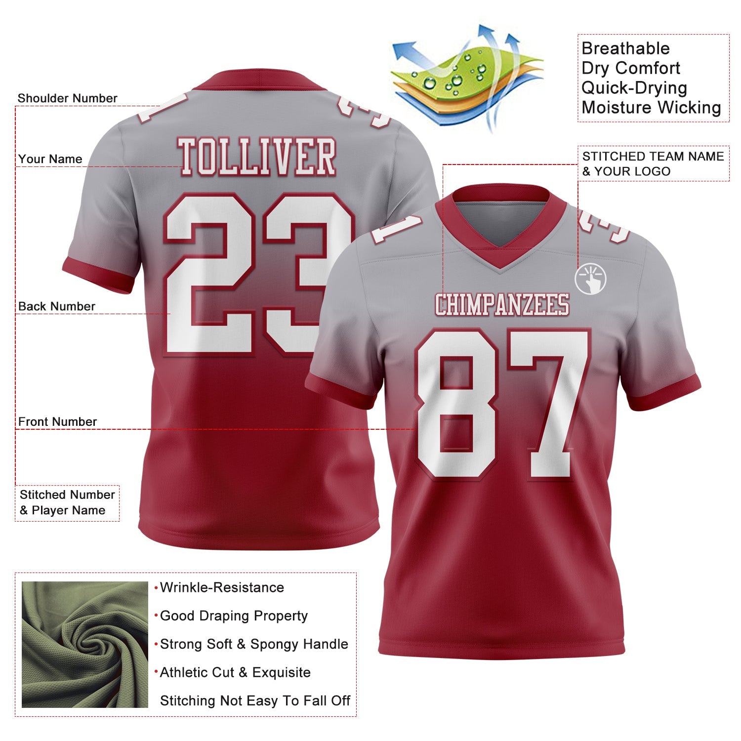 Custom Gray White-Cardinal Authentic Fade Fashion Football Jersey view 2
