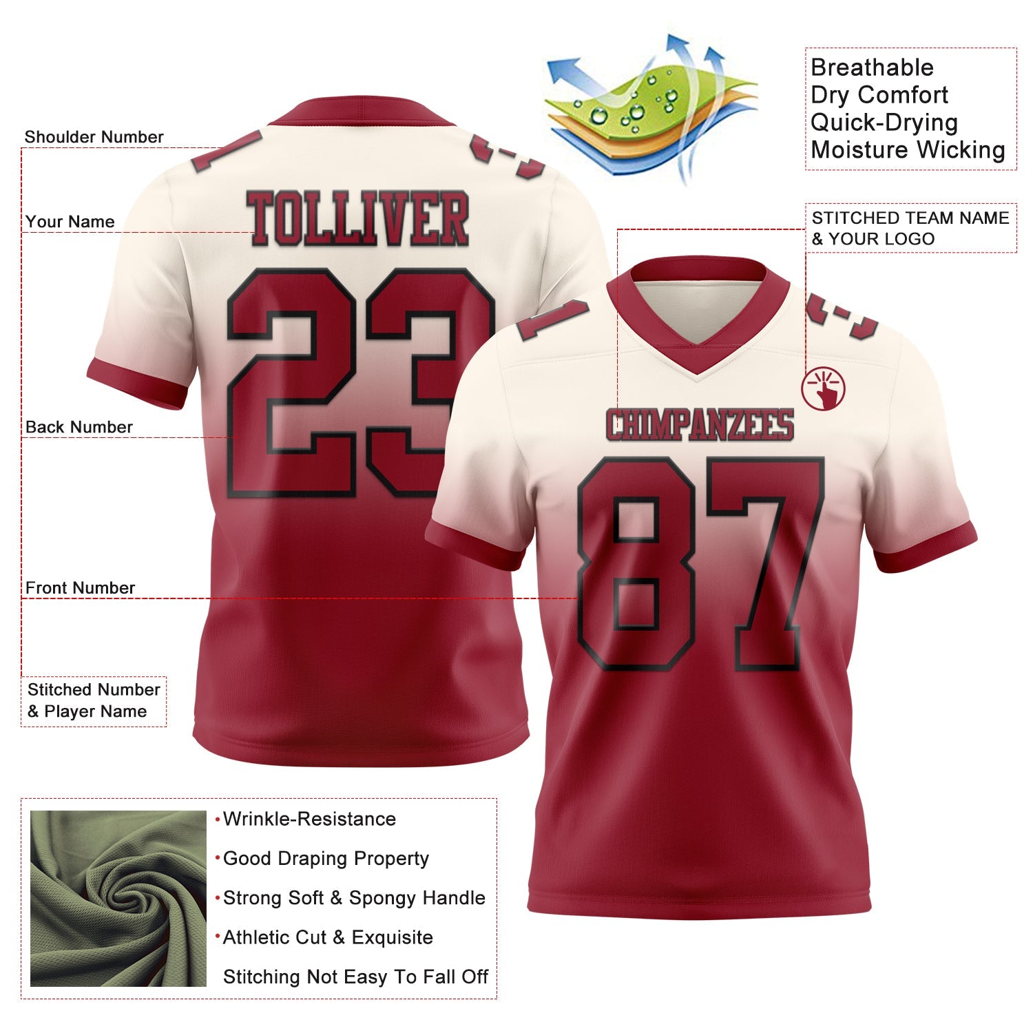 Custom Cream Cardinal-Black Authentic Fade Fashion Football Jersey view 2